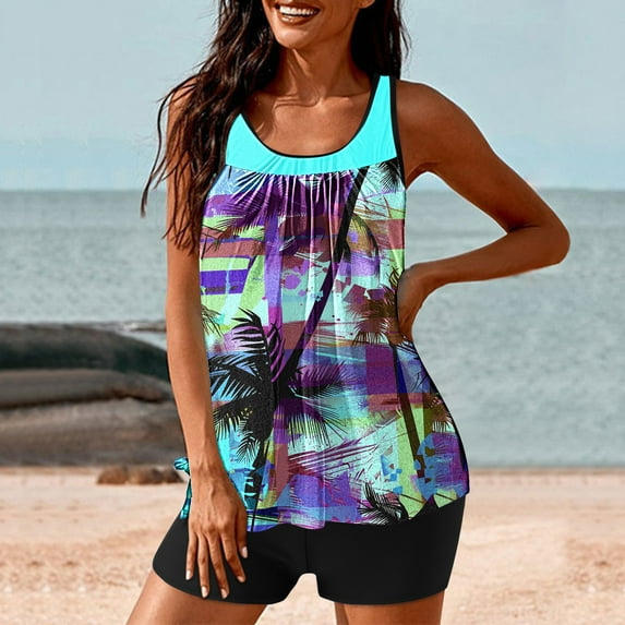 Alkepwun Tankini Swimsuits for Women Tummy Control Scoop Neck Tank Top with Boyshorts Tropical Floral Swimwear