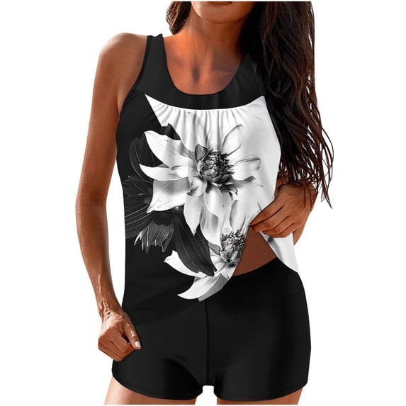 Alkepwun Tankinis Swimwear for Women Two Piece Swimsuit Set: Loose Floral Print Tank Top with Tummy Control Boyshorts Short Lightweight Quick Dry Modest Training Swimwear