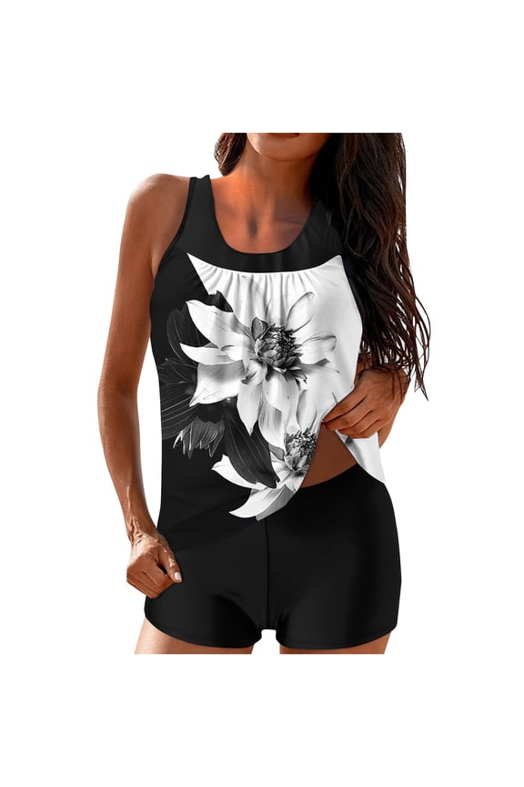 Tankinis Swimwear for Women Two Piece Swimsuit Set: Loose Floral Print Tank Top with Tummy Control Boyshorts Short Lightweight Quick Dry Modest Training Swimwear
