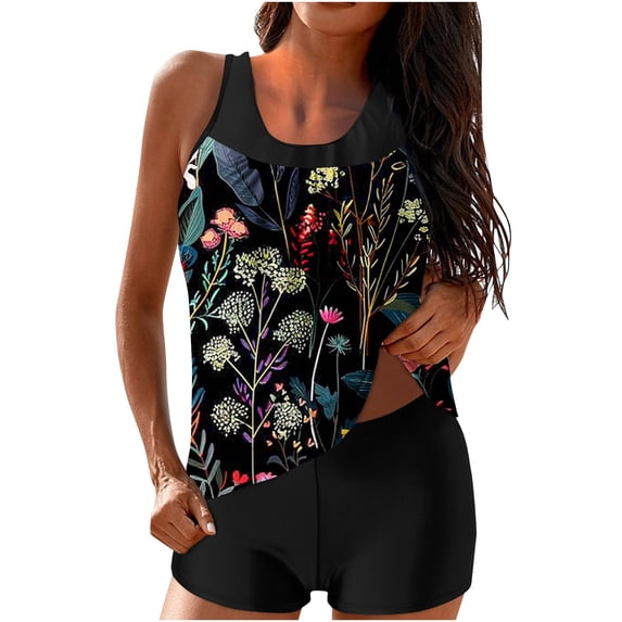 Alkepwun Tankinis Swimwear for Women Two Piece Swimsuit Set: Loose Floral Print Tank Top with Tummy Control Boyshorts Short Lightweight Quick Dry Modest Training Swimwear