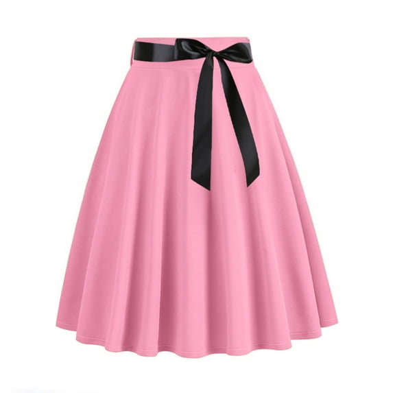 Alkepwun Teacher Outfits Women Vintage High Waist A Line Pleated Swing Party Midi Skirt with Bow Tie Belt Casual Solid Hepburn Comfortable Breathable Formal Skirt