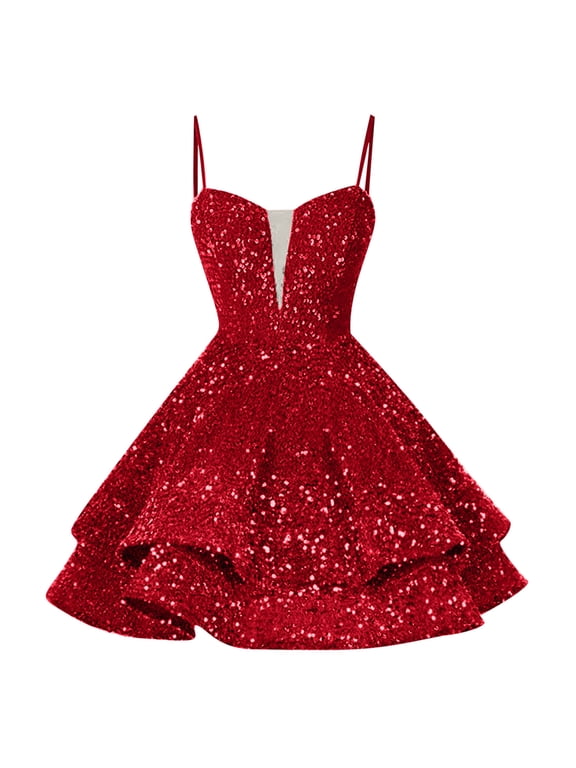 Tiered Dress Women V Neck Spaghetti Straps Sequin Short Graduation Dresses A Line Hem Full-Skirted Mini Dress Sweet 16 Photo Shoot Cocktail Gown