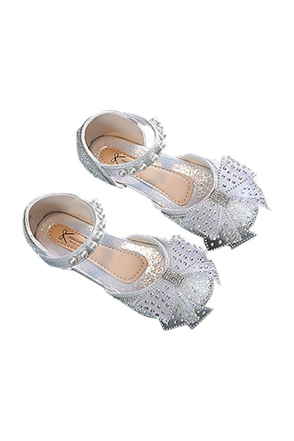 Toddler Girl Shoes Sweet Diamond Pearls Soft Sole Hook Loop Princess Shoes Casual Comfort Lightweight Ballet Flats with Bow for Performances