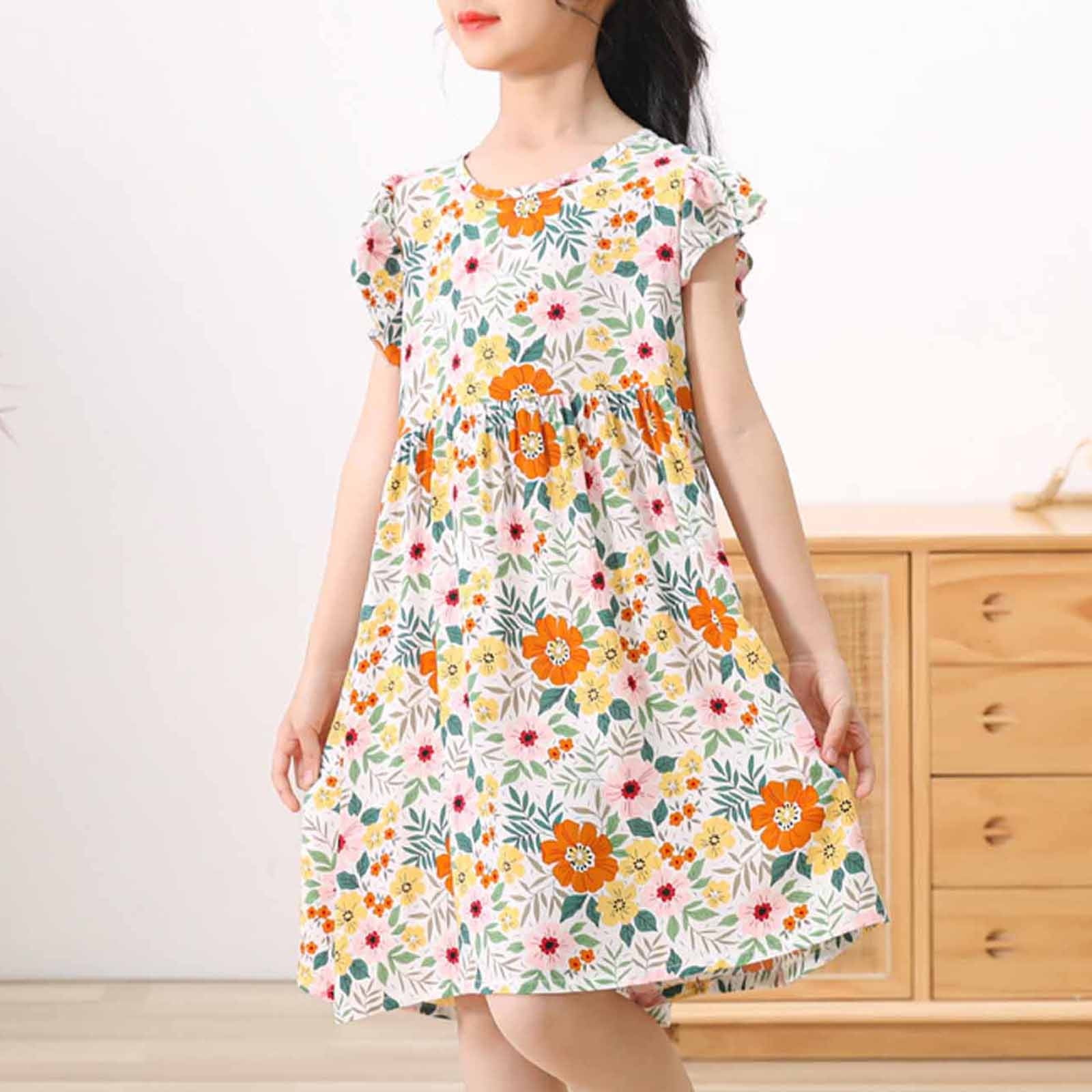 Alkepwun Toddler Girls Cotton Dresses Flutter Ruffle Sleeve Boho Floral ...