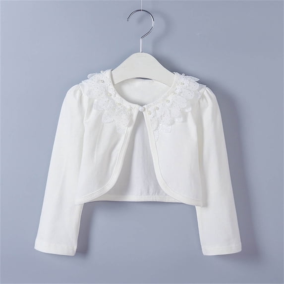 Alkepwun Toddler Girls White Cardigan Lace Bolero Shrugs Kids Baby Cute Long Sleeve Cardigan Sweater Princess Dress Cover Ups Shawl Coat