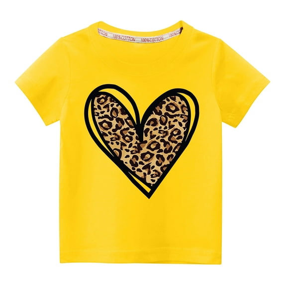 Alkepwun Toddler Kids Boys Girl Summer Clothes Heart Shape Leopard Print T Shirt Round Neck Short Sleeve Basic Tops Trendy Graphic Tees Cotton 3-9Y