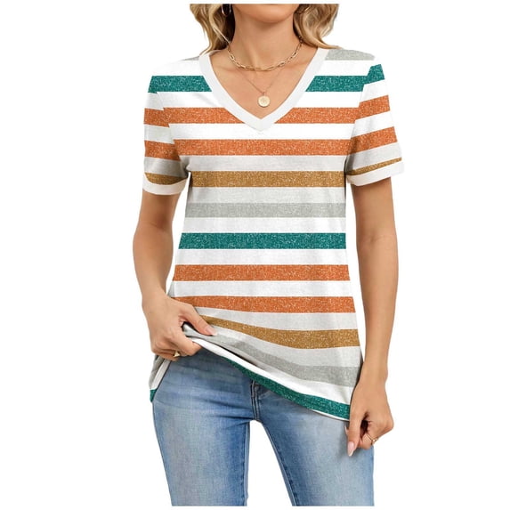 Alkepwun Tops for Women Trendy V Neck Short Sleeves Color Block Stripe Printed T-Shirt Basic Loose Casual Summer Lightweight Breathable Pullover Top