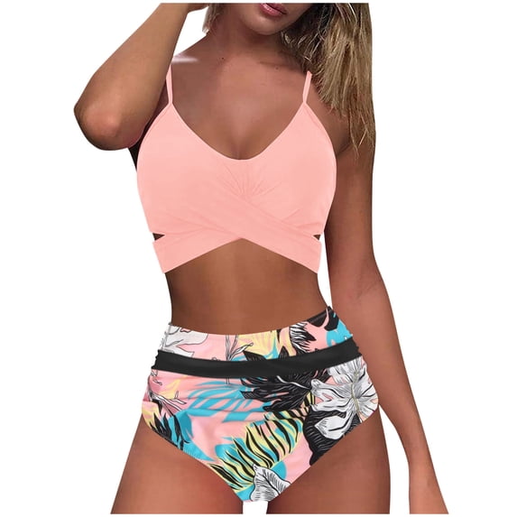 Alkepwun Tummy Control Swimsuits for Women Solid Color Sexy Two-Piece Beach Swimsuit Spaghetti Strap Criss Cross Cutout Halter Top and Mesh Patchwork High-Waisted Triangle Bottom