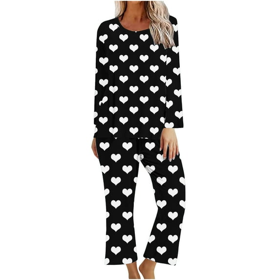 Alkepwun Valentine’s Heart Print 2 Piece Loungewear Set Long Sleeve No Button Up Top and Pants Cute Pj Sleepwear Nightwear