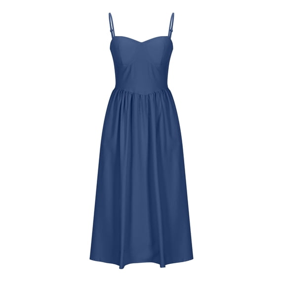 Alkepwun Wedding Guest Dresses for Women Solid-Color Cinched Waist Tie-Back Mid-Length Evening Dress Sleeveless Adjustable Straps A-Line Sundress