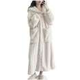 thumbnail image 1 of Alkepwun White Robe Coral Fleece Hooded Loose Casual Bathrobe Soft Thickened Warmth Dry Fit Full Length Homewear Robe with Pockets Cute Shawl Collar Winter Loungewear, 1 of 6