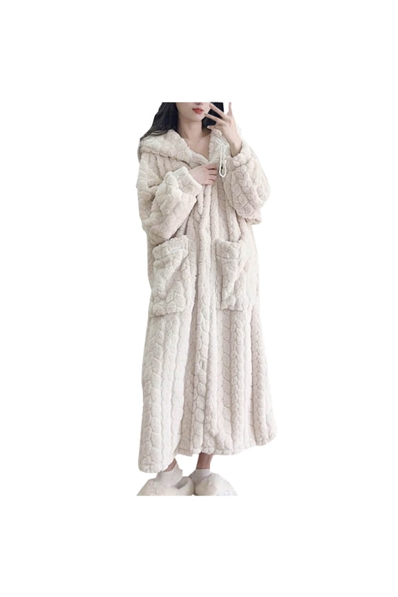 White Robe Coral Fleece Hooded Loose Casual Bathrobe Soft Thickened Warmth Dry Fit Full Length Homewear Robe with Pockets Cute Shawl Collar Winter Loungewear