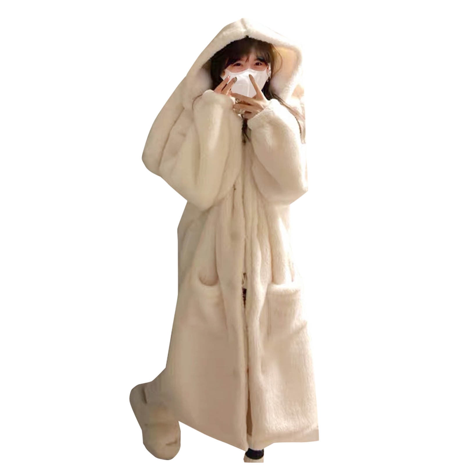 Alkepwun White Robe Coral Fleece Hooded Loose Casual Bathrobe Soft ...