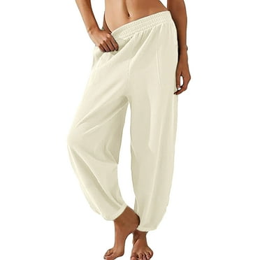 Alkepwun White Sweatpants for Women Casual Elastic High Waist Workout Pants Y2k Trendy Trousers Comfy Baggy Lounge Bottoms with Pockets
