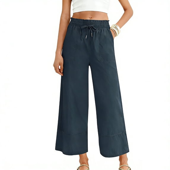 Alkepwun Wide Leg Pants Woman Linen Elastic High Waist Drawstring Casual Loose Trousers with Pockets Comfy Lightweight Breathable Palazzo Flowy Pant