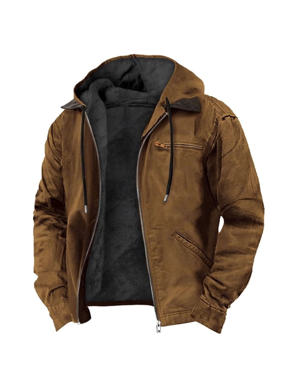 Winter Coat Men's Fleece Lined Hooded Drawstring Jacket Full-Zip Thickened Long-Sleeve Outerwear Casual Comfortable Warm Windproof Pockets Jackets Outdoor Sports Cycling Versatile Outerwear