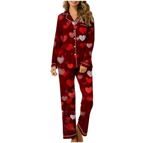 Alkepwun Women 2 Piece Pajama Set Heart Print Long Sleeves Button Down Lapel Shirt Long Pants Matching Sets Loungewear