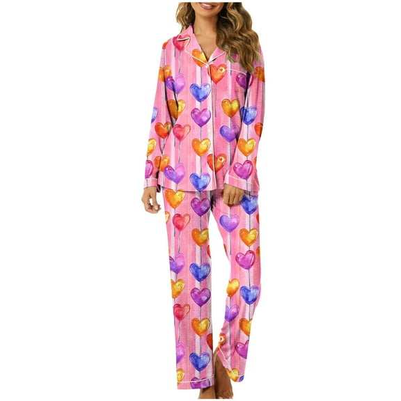 Alkepwun Women 2 Piece Pajama Set Heart Print Long Sleeves Button Down Lapel Shirt Long Pants Matching Sets Loungewear