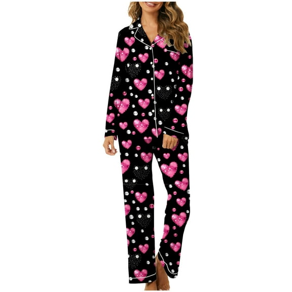 Alkepwun Women 2 Piece Pajama Set Heart Print Long Sleeves Button Down Lapel Shirt Long Pants Matching Sets Loungewear