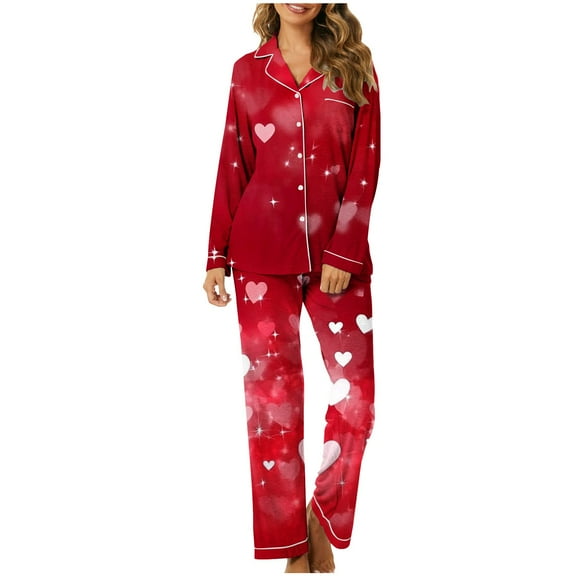 Alkepwun Women 2 Piece Pajama Set Heart Print Long Sleeves Button Down Lapel Shirt Long Pants Matching Sets Loungewear