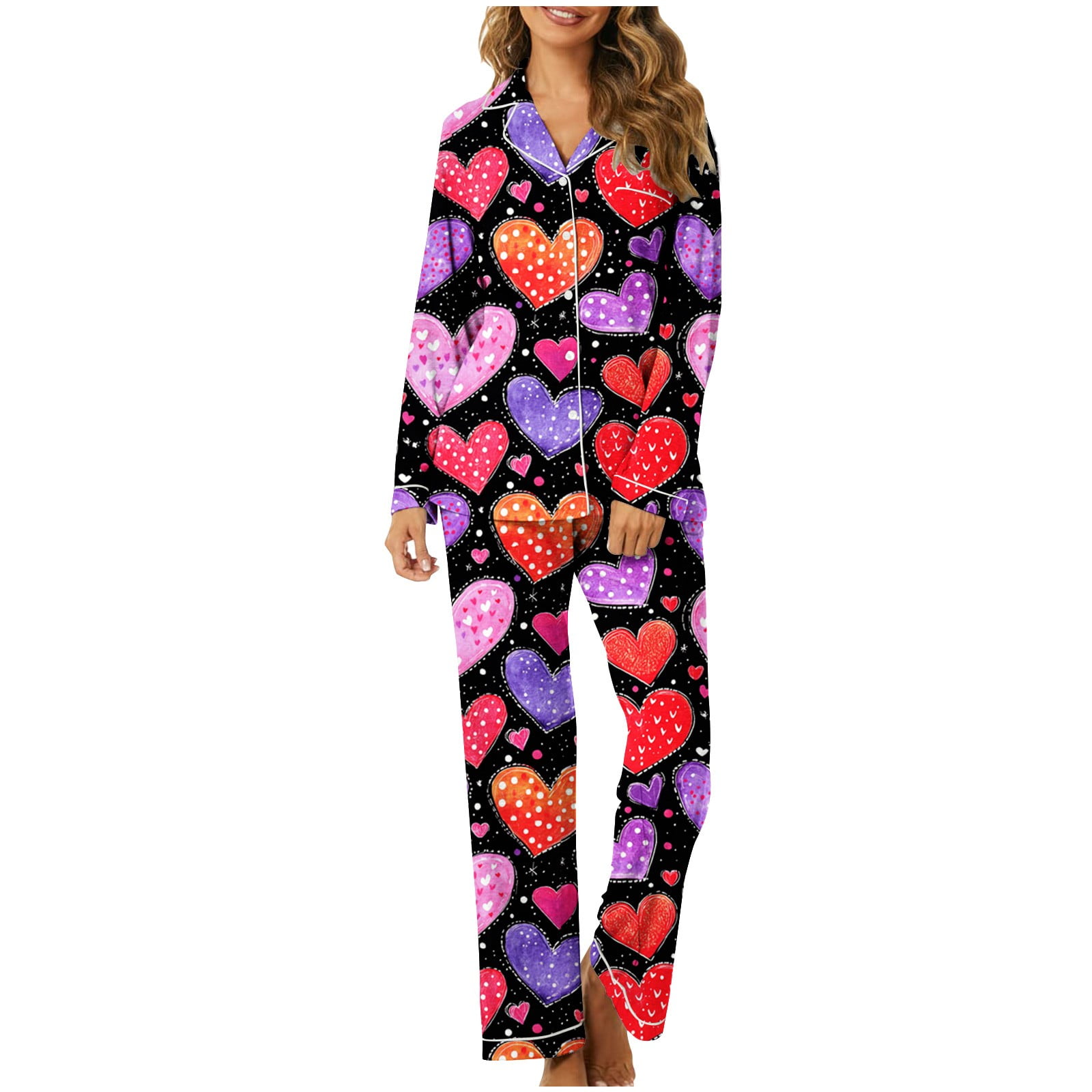 Alkepwun Women 2 Piece Pajama Set Heart Print Long Sleeves Button Down Alkepwun Women 2 Piece Pajama Set Heart Print Long Sleeves Button Down