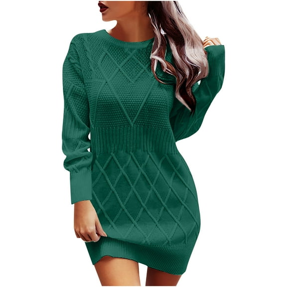 Alkepwun Women Casual Crew Neck Knit Mini Fall Sweater Dresses Lantern Sleeve Cinched Waist Solid Color Pullover Jumper Sweaters