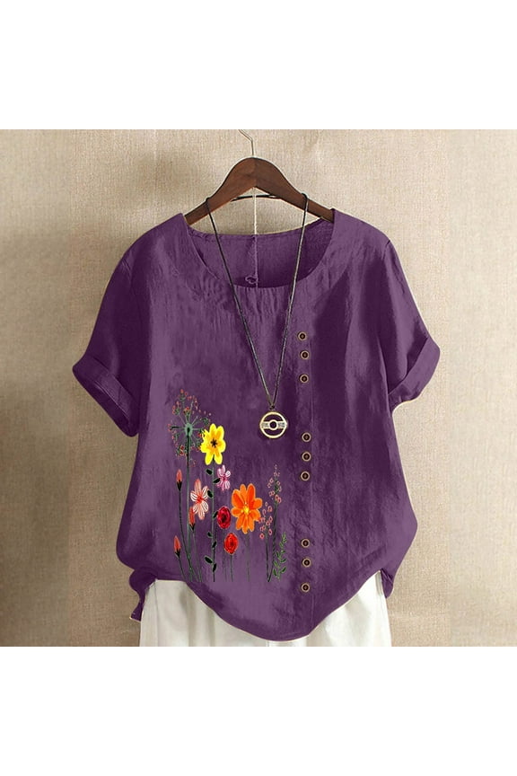 Women Cotton Linen Crew Neck Short Sleeve Tunic, Summer Loose Fit Tee Shirts Tops Floral Linen Blouse for Women