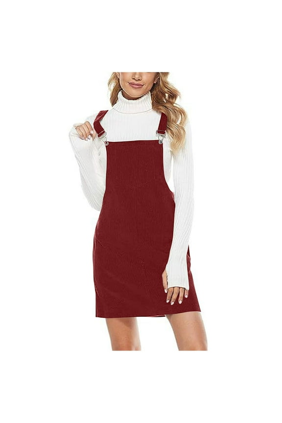 Women Dresses Solid Color Cute Corduroy A Line Mini Overall Dress Comfort Breathable Adjustable Strap Bib Pinafore Dress