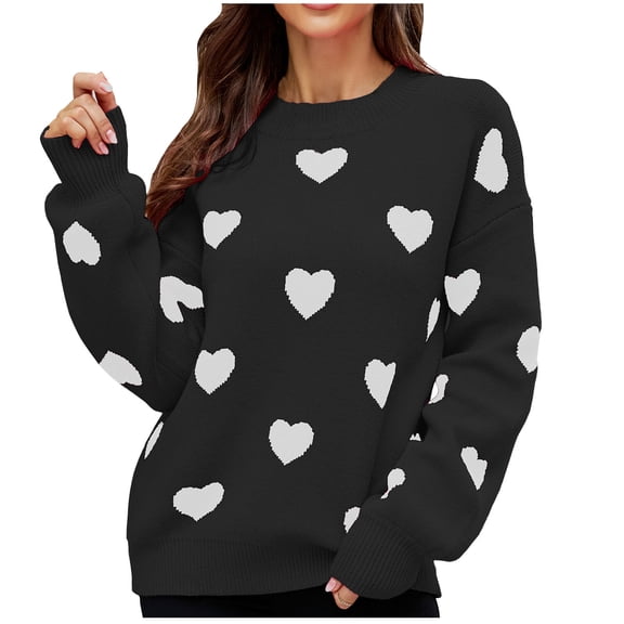 Alkepwun Women Heart Embroidery Sweater Valentine’s Day Pullovers Long Sleeve Round Neck Knitted Blouse Loose Sweatshirt
