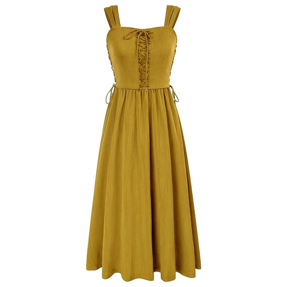 Alkepwun Women Renaissance Dress Lace-Up Sleeveless High Waistline Ball Gown Solid Color Strapless Cottagecore Court Dress