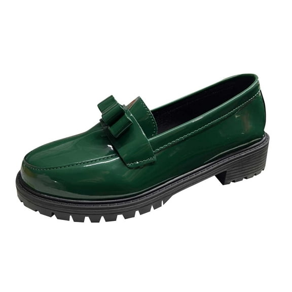 Alkepwun Women Shoes Casual Versatile Patent Leather Bow Loafers Thick Sole Anti-Slip Business Casual Dress Ballet Shoes Comfortable Chunky Heel Slip-Ons Suitable for Campus Wear