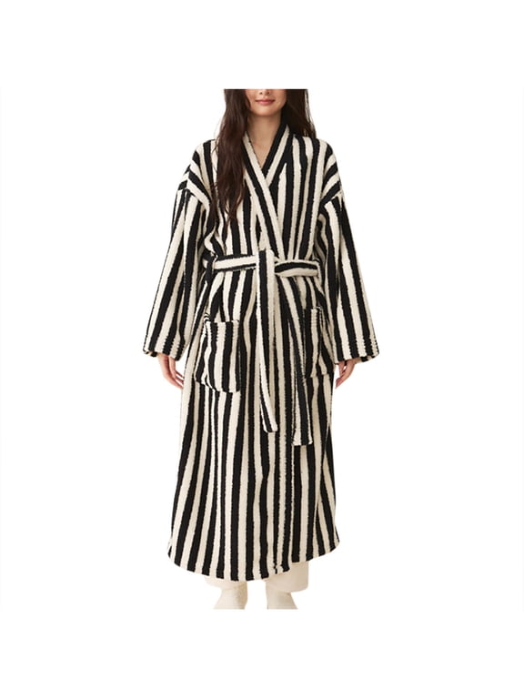 Women Sleepwear Striped Fleece Plush Soft Fluffy Fuzzy Cozy Robe Winter Warm Lightweight Bathrobe Shower Spa House Long Robe