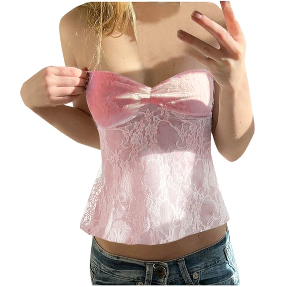 Alkepwun Women Sleeveless Lace Patchwork Crop Tube Top Sexy Strapless See Through Slim Fit Tank Top Summer Y2K Going Out Top