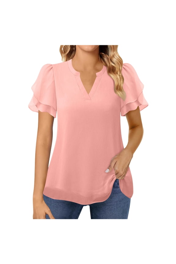 Women Summer Blouses Dressy Casual Chiffon Solid Color Blouse Top Double Ruffle Short Sleeve V-Neck T-Shirts Ladies Tops