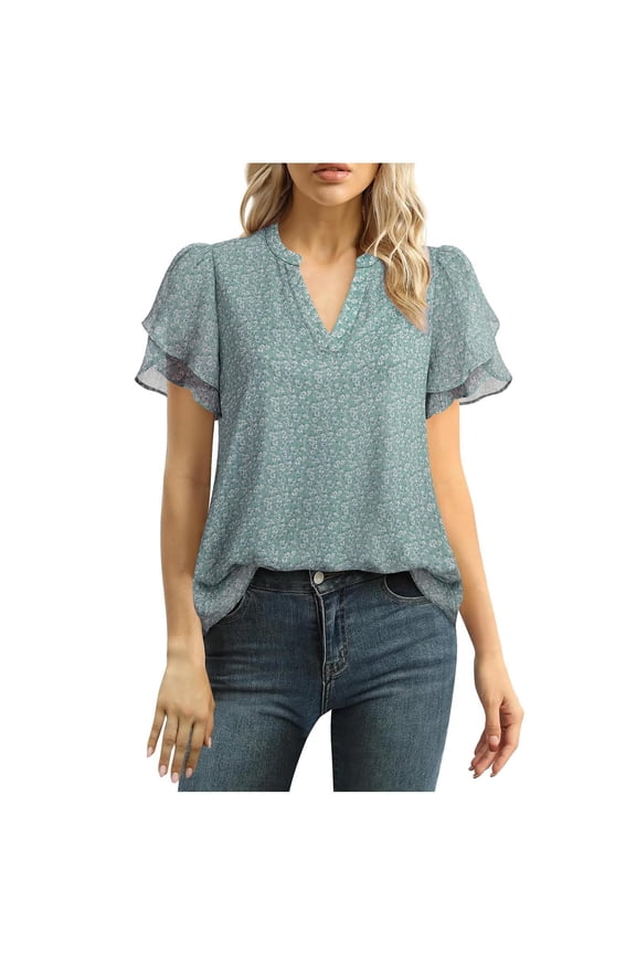 Women Summer Blouses Dressy Casual Chiffon Solid Color Blouse Top Double Ruffle Short Sleeve V-Neck T-Shirts Ladies Tops