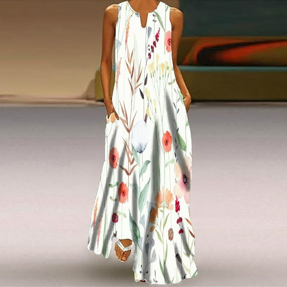 Alkepwun Women Summer Casual Bohemian Maxi Dress Notched V-Neck Sleeveless Flowy Boho Floral Beach Long Dress with Pockets