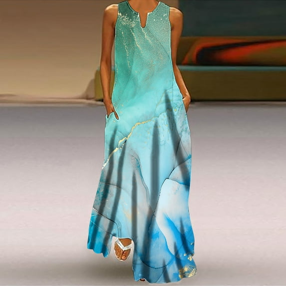 Alkepwun Women Summer Casual Bohemian Maxi Dress Notched V-Neck Sleeveless Flowy Boho Floral Beach Long Dress with Pockets