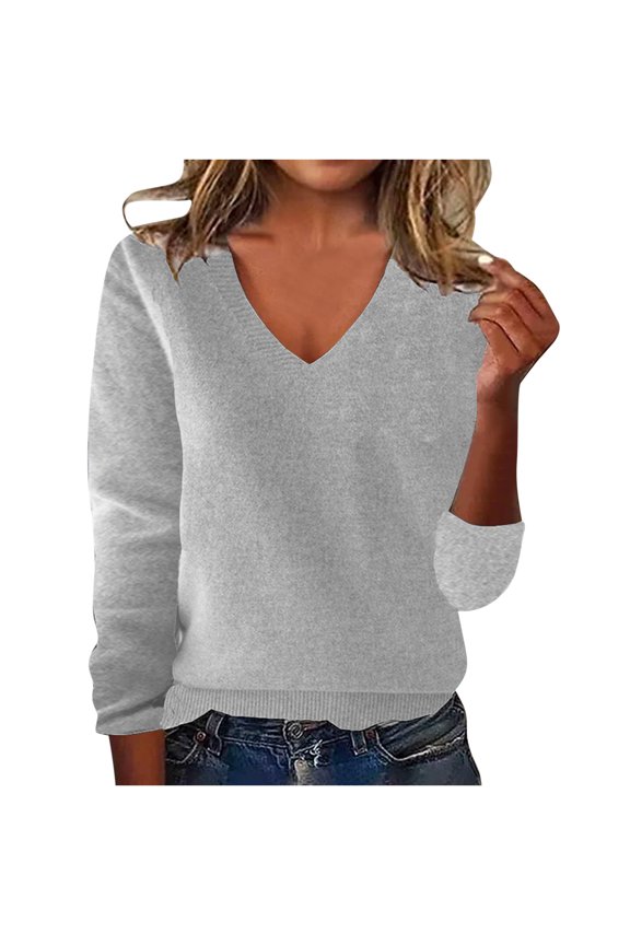 Women Sweaters Solid Color V Neck Ribbed Knitted Long Sleeve Pullover Top Soft Comfortable Lantern Sleeves Windproof Warm Base Layer Casual Everyday Fitted Sweater