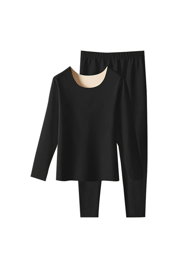 Women Thermal Set Brushed Stretch Dual-Color German Wool Soft Comfortable Windproof Thermal Underwear Set Elastic Waistband Pants Crew Neck Seamless Fleece Lined Long Sleeve Homewear Set