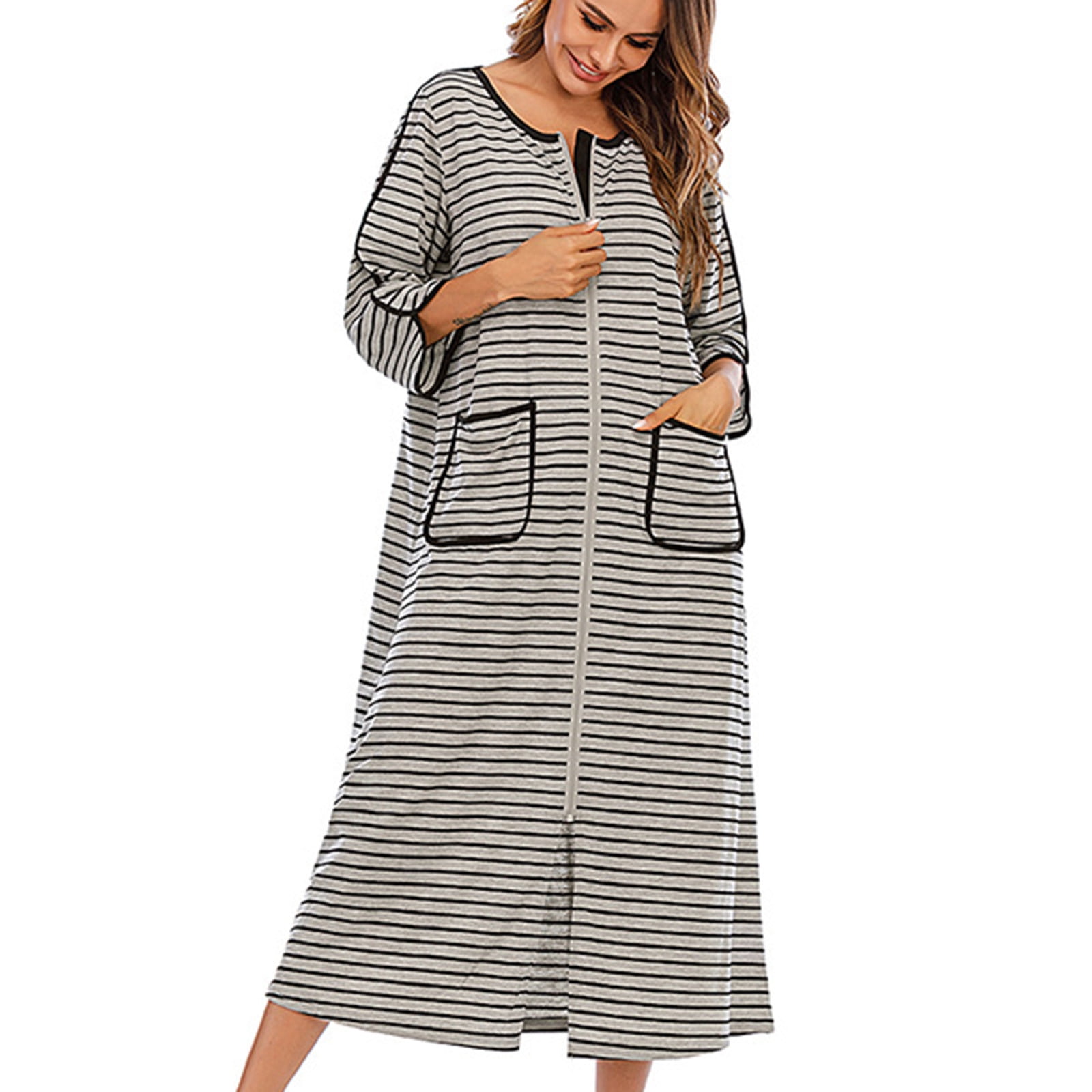 Alkepwun Women Zipper Front Robes 3/4 Sleeve House Coat Full Length ...