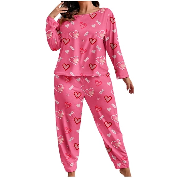 Alkepwun Women's 2 Long Sleeve Pajamas Set Piece Plus Size Fashionable love Print Top and Long Pants Pjs Loungewear Sleepwear Sets