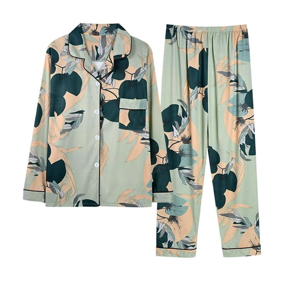 Alkepwun Women's 2 Piece Lounge Set Print Long Sleeve Button Down Lapel Collar Tops Pants Soft Sleepwear Pajama Sets