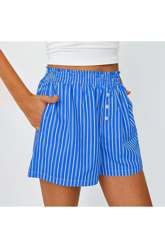 Women's Casual Shorts Paperbag Elastic Waist Shorts Striped Lounge Bottoms Summer Beach Shorts with Pockets
