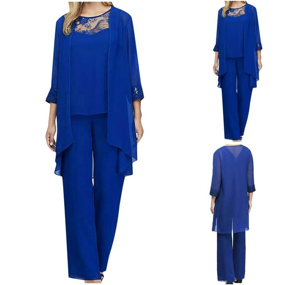 Alkepwun Women's Chiffon Pant Suits 3 Pieces Outfit Lace Mother of The Bride Dress Sets Plus Size Tank Top Long Pants with Cardigan Sets for Wedding Guests Evening Party Gowns