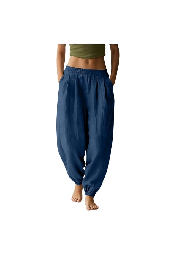 Women's Cotton Linen Pants Casual Elastic Waist Baggy Lantern Trouser Baggy Pants with Pockets Vintage Pleated Palazzo Beach Slacks Trouser