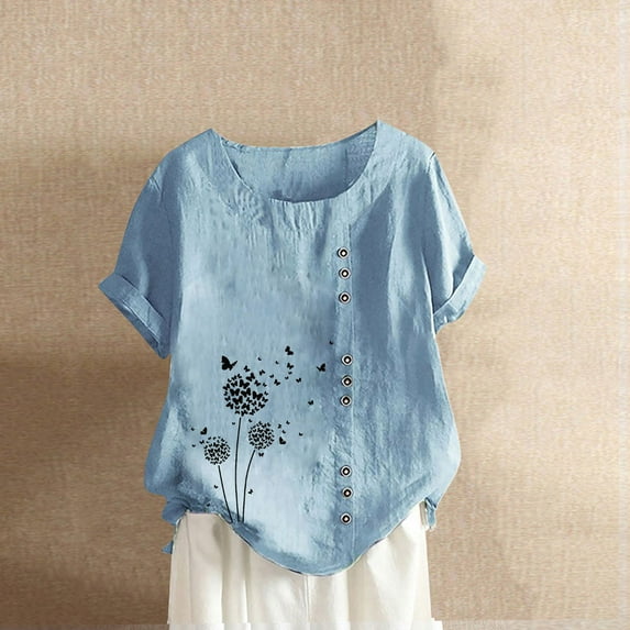 Alkepwun Women's Crewneck Cotton Linen Shirt Oversized Roll-Up Short Sleeve Tops Summer Casual Loose Floral Blouses Tunic Tops with Button