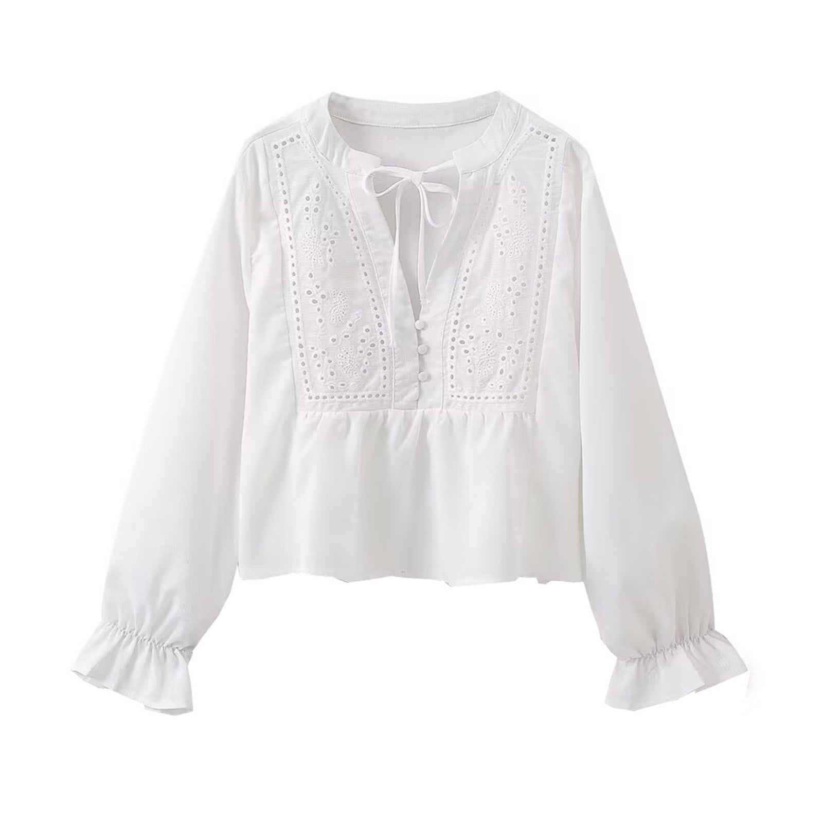 Alkepwun Women's Cute White Blouse Summer Button VNeck Tie Front Long