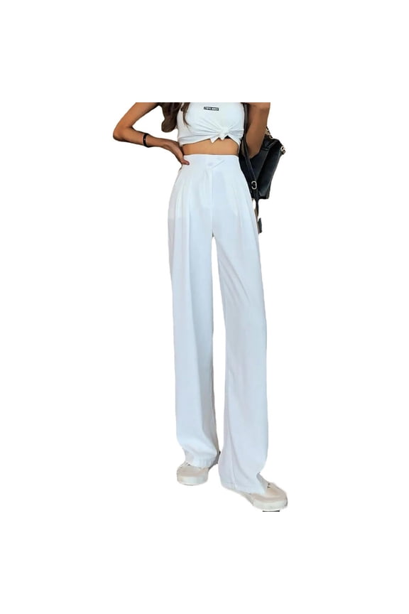 Women's Elastic High Waisted Wide Leg Front Button Solid Color Long Pants Office Casual Trousers with Pockets