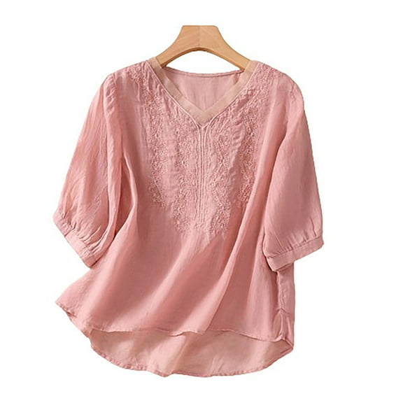 Alkepwun Women's Embroidered Mexican Shirt V Neck Summer Casual Tops Peasant Tunic Loose Blouse Bohemian Cotton Linen Shirts