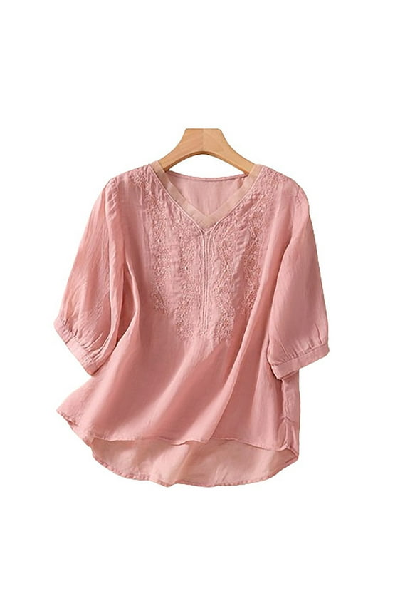 Women's Embroidered Mexican Shirt V Neck Summer Casual Tops Peasant Tunic Loose Blouse Bohemian Cotton Linen Shirts